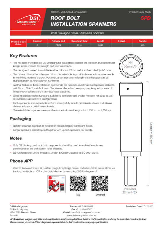 Roof Bolt Installation Spanners - Hexagon Drive Ends