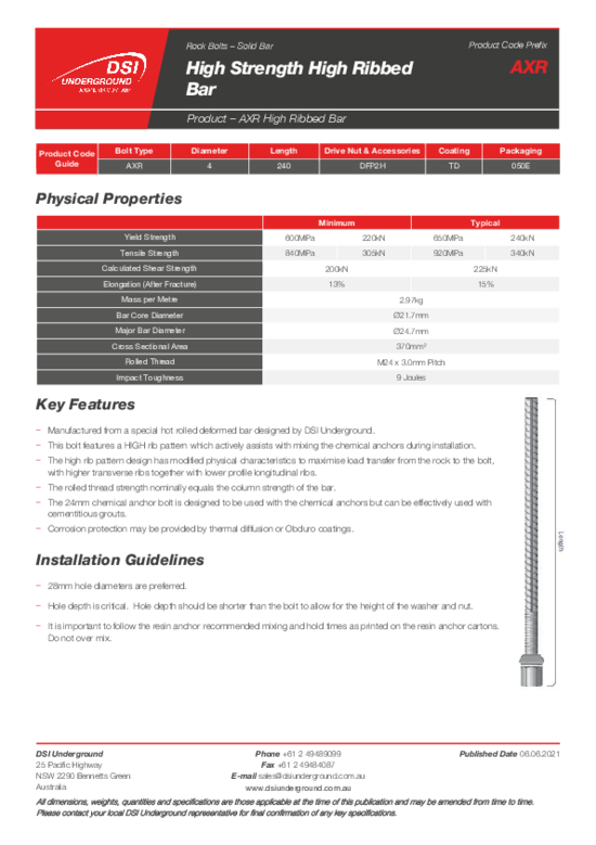 AXR Extra High Strength High Ribbed Bar Rock Bolt