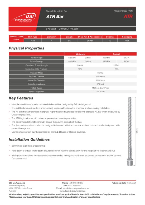 ATR Extra High Strength High Ribbed Bar Rock Bolt